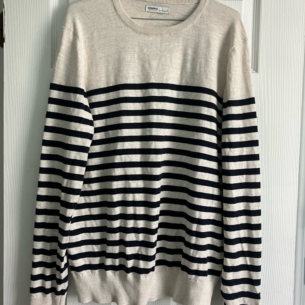 Sonoma men’s Cream and Navy Striped Crewneck cotton blend Sweater